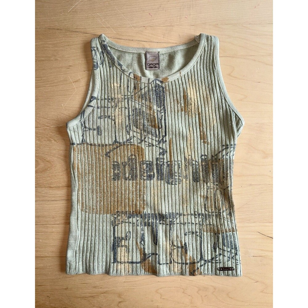 Vintage Y2K DADA Ribbed Graphic Tank Top - Sage Green Grunge Stamp Print Medium
